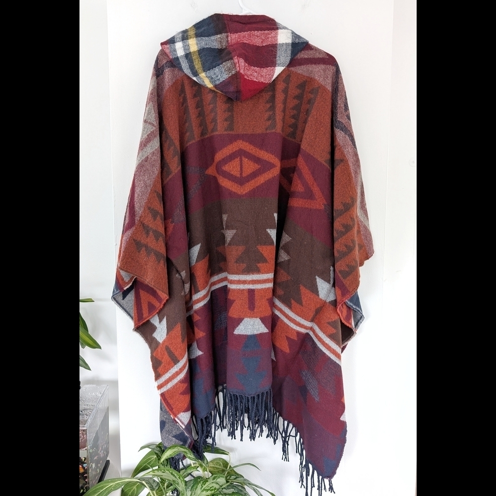 Poncho Fringe Aztec Plaid Geometric Patterns Bohemian South Western ~ One Size - Picture 4 of 8